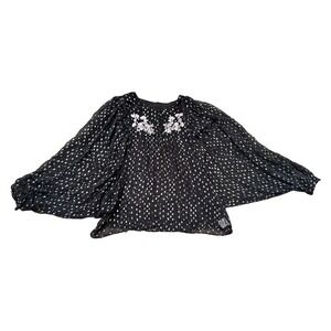 Parker NY Black Sheer Boho Long Sleeve Dolman Sleeve Floral Print Blouse Women M